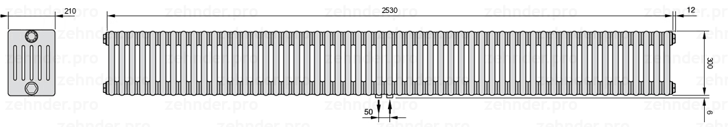 Схема (чертеж) Радиатор Zehnder Charleston 6030/55 №5410 Белый глянцевый RAL 9016